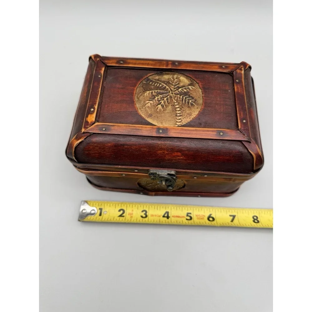 Decorative Wooden Keepsake Box Palm Tree Medallions Trinket Storage